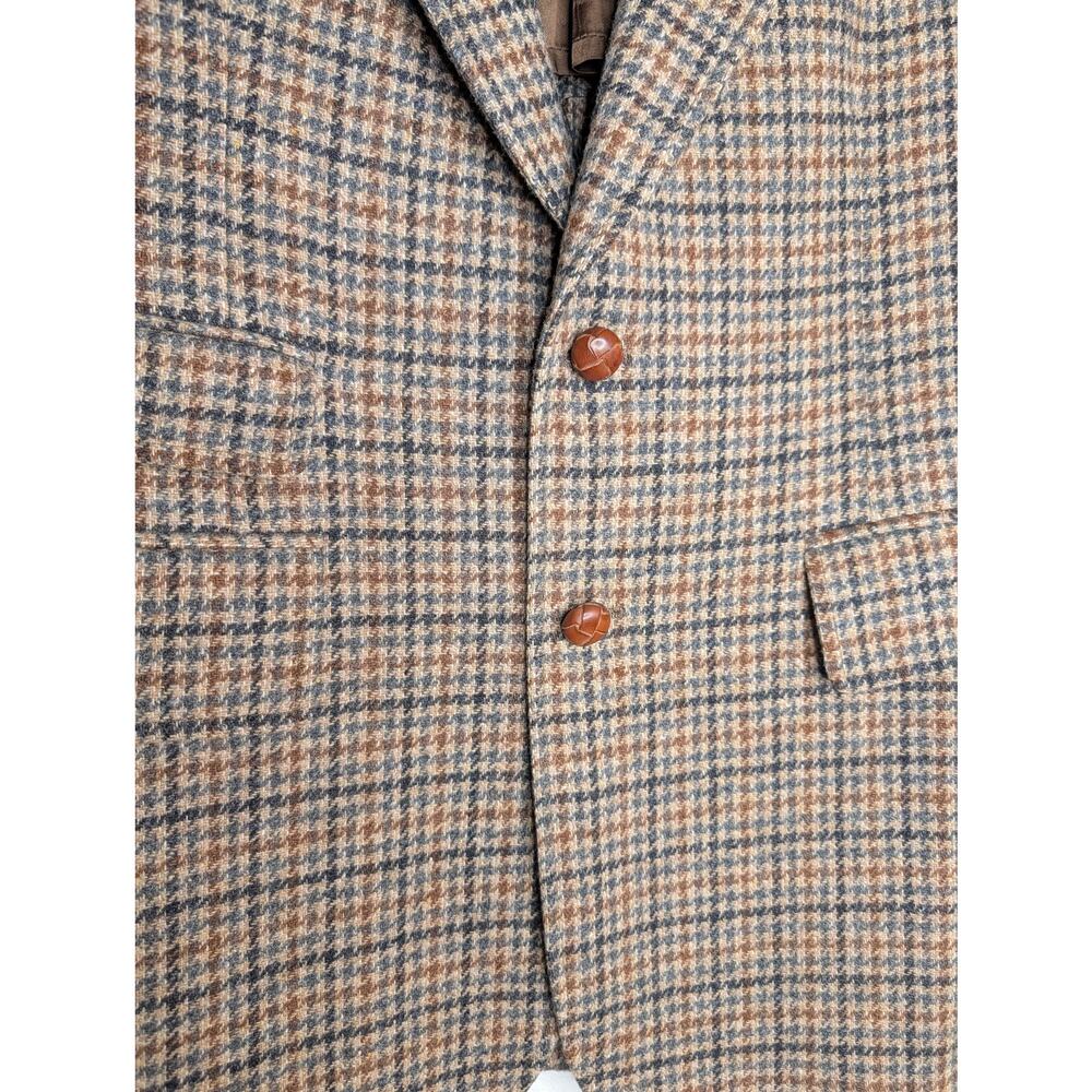 VTG 70s Men 100% Wool Blazer Tweed Houndstooth Leather M/L Preppy Equestrian - Picture 3 of 7